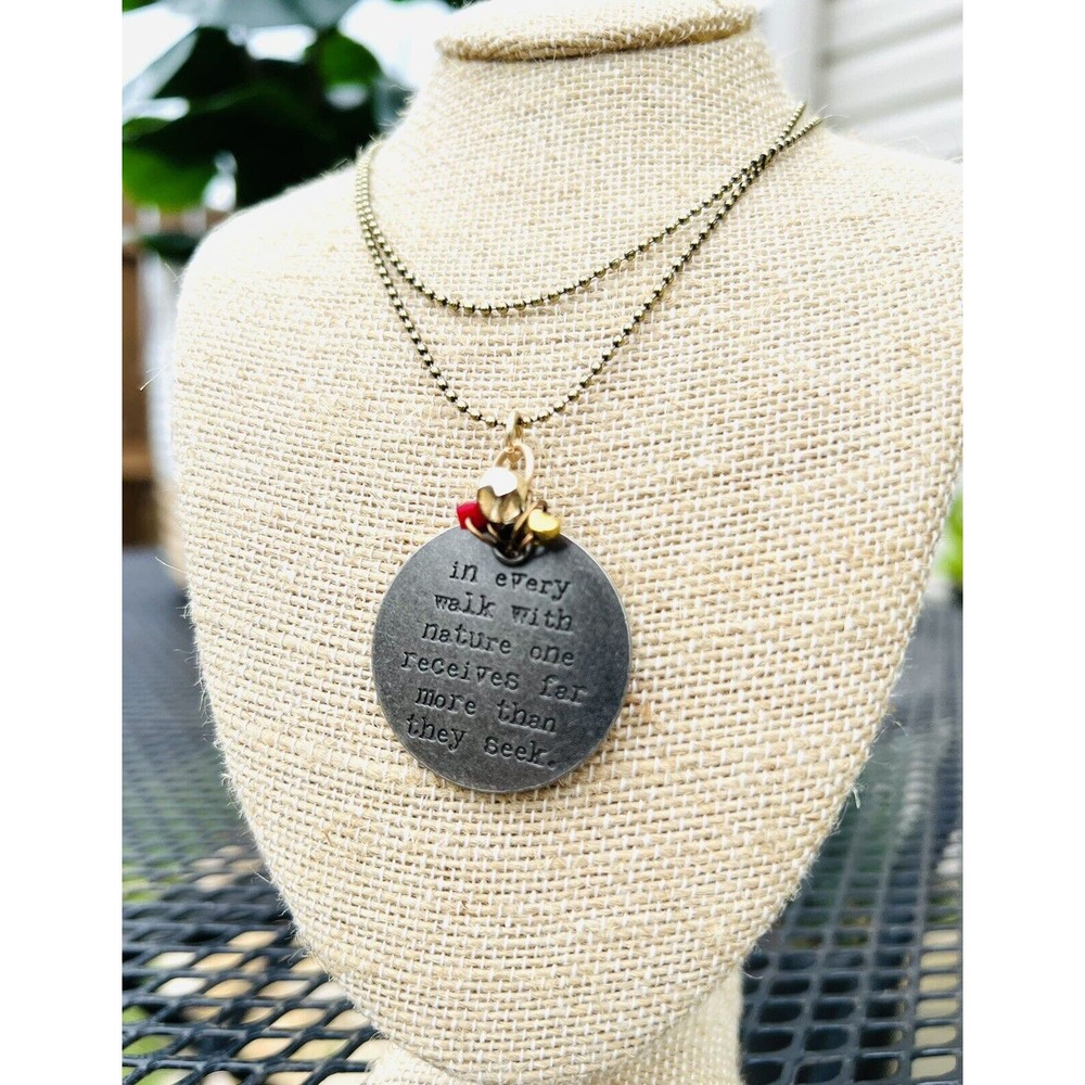 Long Necklace With Nature Quote On Beaded Metal Pendant, Great Gift!!
